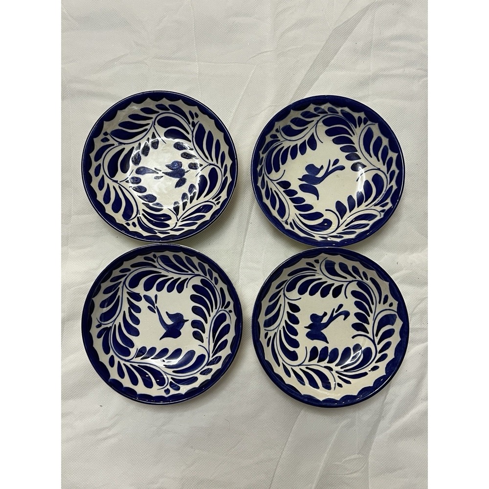 Vtg Anfora Puebla Blue Hand Painted Mexican Pottery Bowl Sauce Fruit Dessert 60s